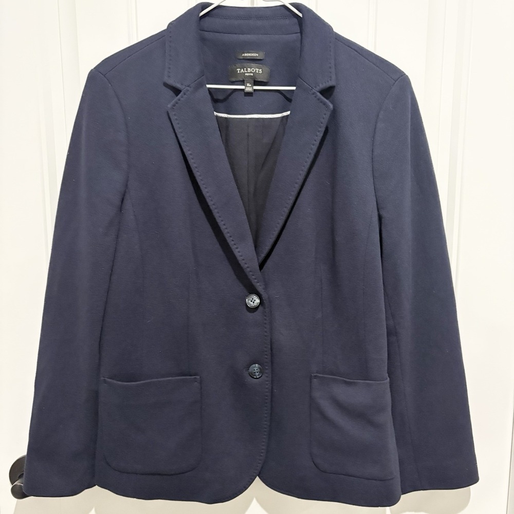 Talbots Aberdeen Blazer Jacket Plus Petite 16 Navy Blue Knit Academia Career - Picture 1 of 9